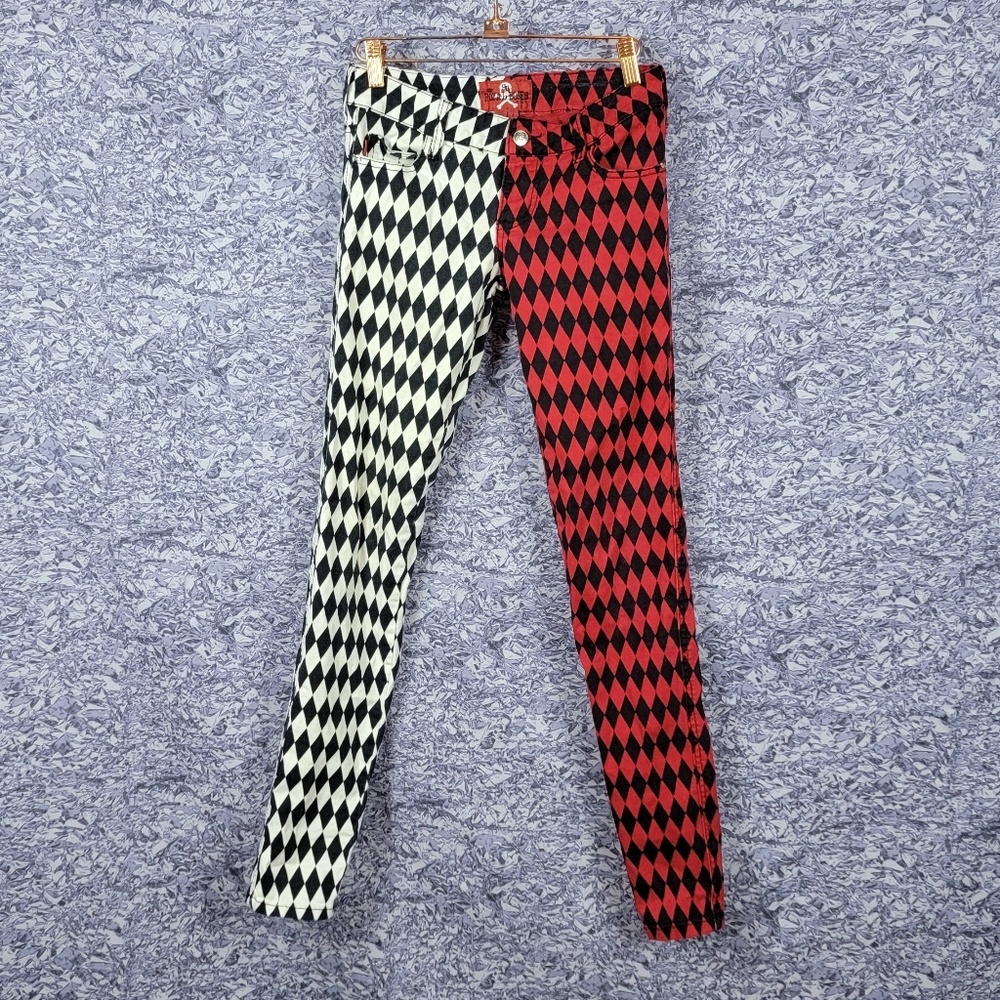 Black and Red Split Checkerboard Skinny Jeans